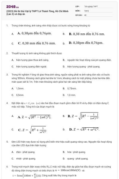 (2023) Đề thi thử Vật lý THPT Lê Thánh Tông, Hồ Chí Minh (Lần 3) có đáp án