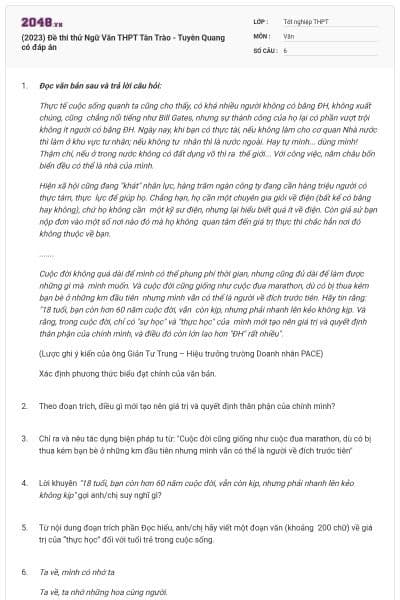 (2023) Đề thi thử Ngữ Văn THPT Tân Trào - Tuyên Quang có đáp án