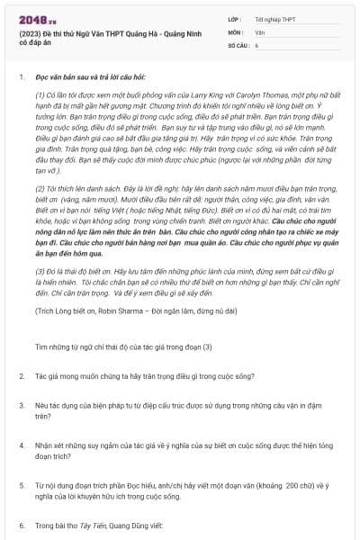 (2023) Đề thi thử Ngữ Văn THPT Quảng Hà - Quảng Ninh có đáp án