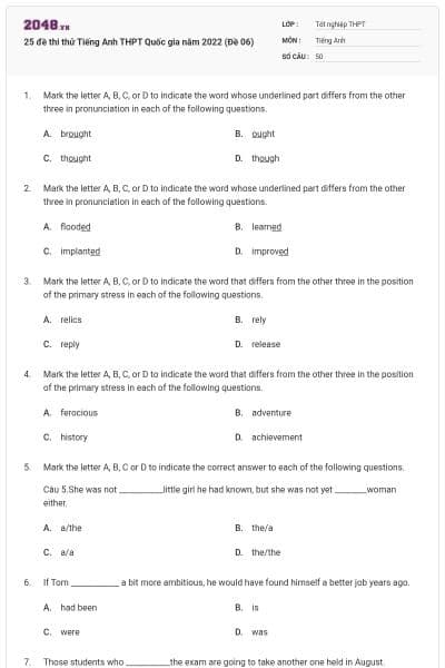25 đề thi thử Tiếng Anh THPT Quốc gia năm 2022 (Đề 06)