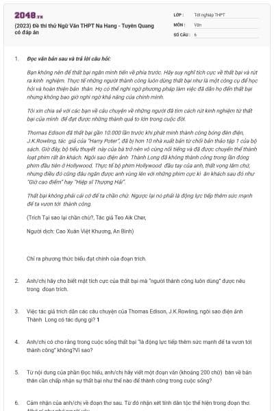 (2023) Đề thi thử Ngữ Văn THPT Na Hang - Tuyên Quang có đáp án