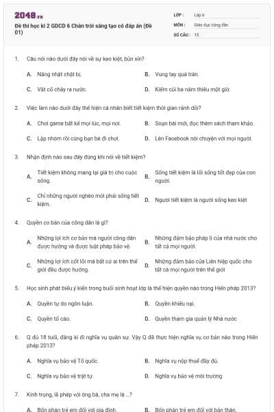 Đề thi học kì 2 GDCD 6 Chân trời sáng tạo có đáp án (Đề 01)