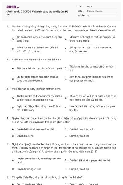 Đề thi học kì 2 GDCD 6 Chân trời sáng tạo có đáp án (Đề 04)