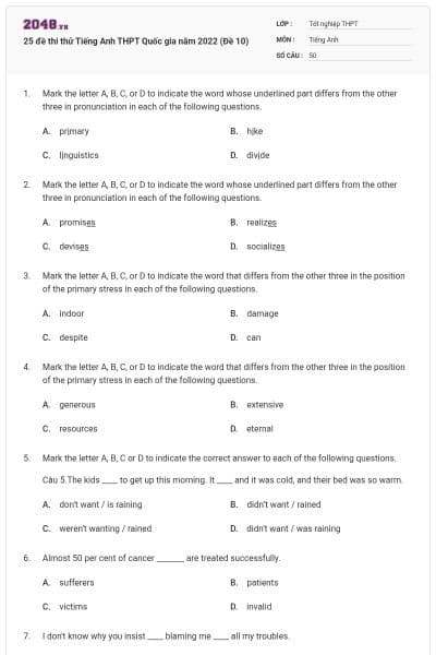 25 đề thi thử Tiếng Anh THPT Quốc gia năm 2022 (Đề 10)