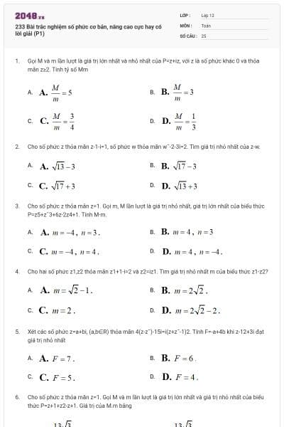 233 Bài trắc nghiệm số phức cơ bản, nâng cao cực hay có lời giải (P1)