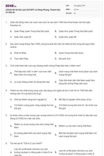 (2023) Đề thi thử Lịch SửTHPT Lê Hồng Phong, Thanh Hóa có đáp án