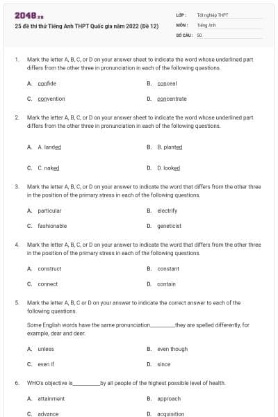 25 đề thi thử Tiếng Anh THPT Quốc gia năm 2022 (Đề 12)