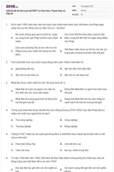 (2023) Đề thi thử Lịch SửTHPT Lê Văn Hưu, Thanh Hóa có đáp án