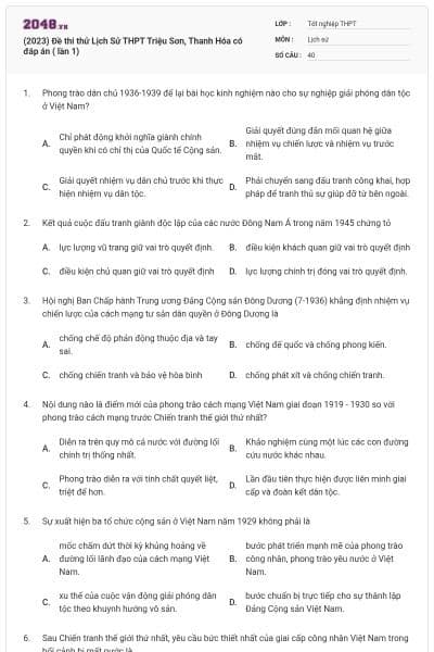 (2023) Đề thi thử Lịch Sử THPT Triệu Sơn, Thanh Hóa có đáp án ( lần 1)