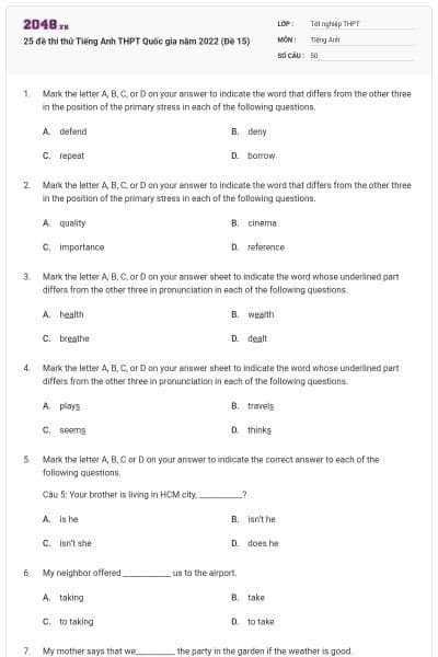 25 đề thi thử Tiếng Anh THPT Quốc gia năm 2022 (Đề 15)