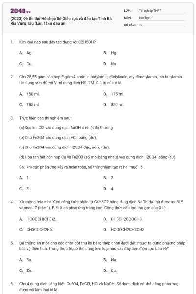 (2023) Đề thi thử Hóa học Sở Giáo dục và đào tạo Tỉnh Bà Rịa Vũng Tàu (Lần 1) có đáp án