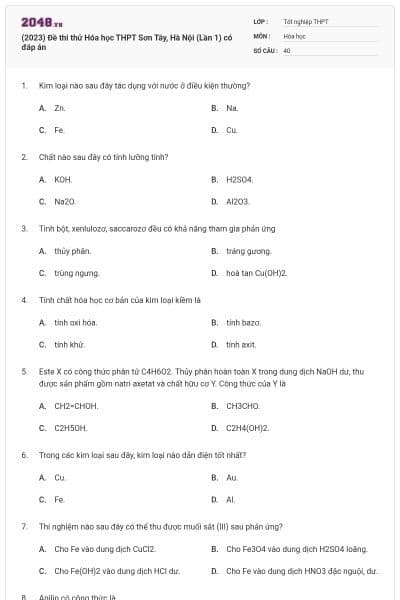 (2023) Đề thi thử Hóa học THPT Sơn Tây, Hà Nội (Lần 1) có đáp án