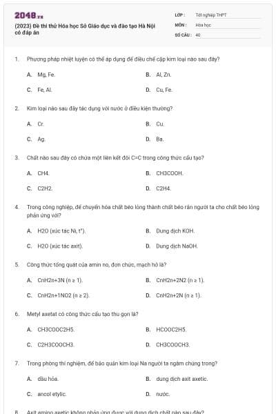 (2023) Đề thi thử Hóa học Sở Giáo dục và đào tạo Hà Nội có đáp án