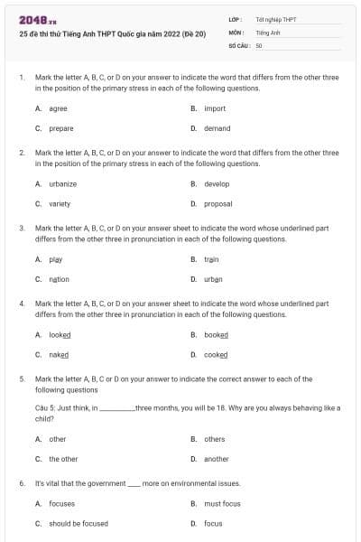 25 đề thi thử Tiếng Anh THPT Quốc gia năm 2022 (Đề 20)
