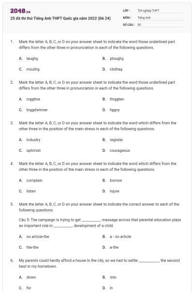 25 đề thi thử Tiếng Anh THPT Quốc gia năm 2022 (Đề 24)
