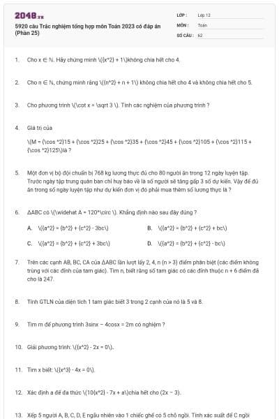 5920 câu Trắc nghiệm tổng hợp môn Toán 2023 có đáp án (Phần 25)