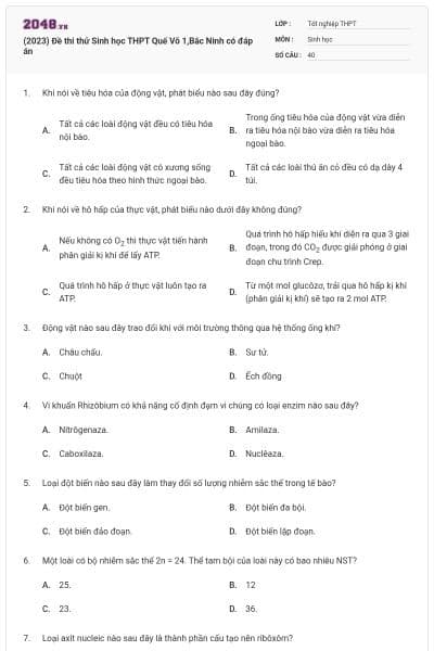 (2023) Đề thi thử Sinh học THPT Quế Võ 1,Bắc Ninh  có đáp án