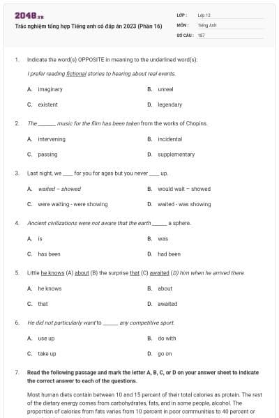 Trắc nghiệm tổng hợp Tiếng anh có đáp án 2023 (Phần 16)