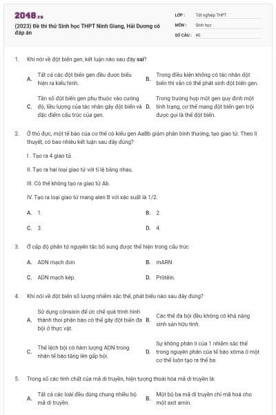 (2023) Đề thi thử Sinh học THPT Ninh Giang, Hải Dương  có đáp án