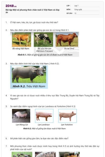 Bài tập Một số phương thức chăn nuôi ở Việt Nam có đáp án
