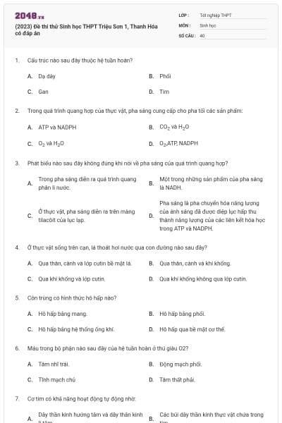 (2023) Đề thi thử Sinh học THPT Triệu Sơn 1, Thanh Hóa  có đáp án