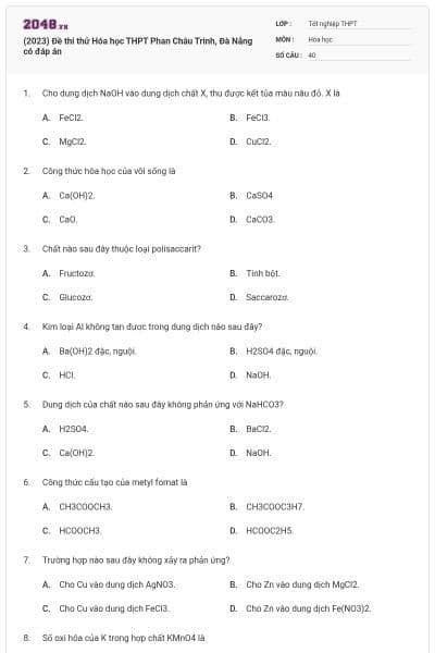 (2023) Đề thi thử Hóa học THPT Phan Châu Trinh, Đà Nẵng có đáp án