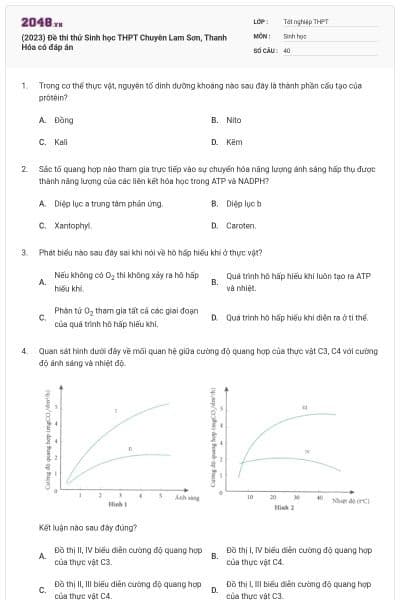 (2023) Đề thi thử Sinh học THPT Chuyên Lam Sơn, Thanh Hóa  có đáp án
