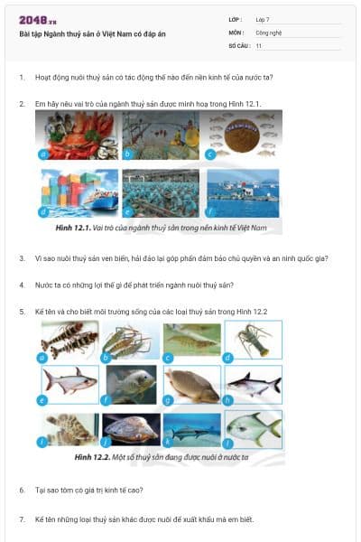 Bài tập Ngành thuỷ sản ở Việt Nam có đáp án