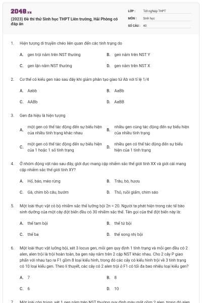 (2023) Đề thi thử Sinh học THPT Liên trường, Hải Phòng có đáp án