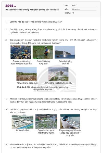 Bài tập Bảo vệ môi trường và nguồn lợi thuỷ sản có đáp án