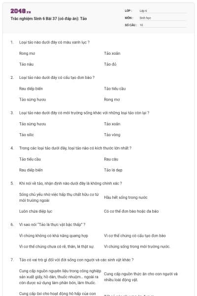 Trắc nghiệm Sinh 6 Bài 37 (có đáp án): Tảo
