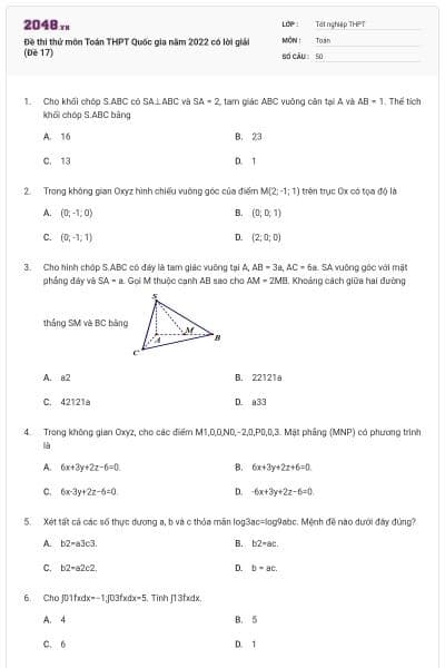Đề thi thử môn Toán THPT Quốc gia năm 2022 có lời giải (Đề 17)