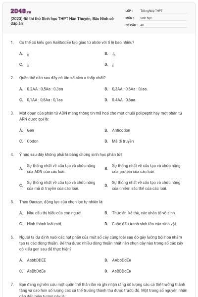 (2023) Đề thi thử Sinh học THPT Hàn Thuyên, Bắc Ninh có đáp án