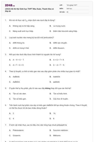 (2023) Đề thi thử Sinh học THPT Như Xuân, Thanh Hóa có đáp án