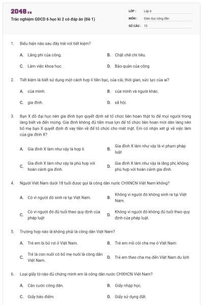 Trắc nghiệm GDCD 6 học kì 2 có đáp án (Đề 1)