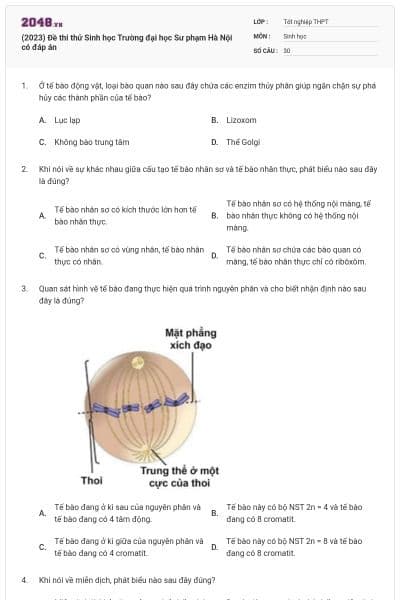 (2023) Đề thi thử Sinh học Trường đại học Sư phạm Hà Nội  có đáp án