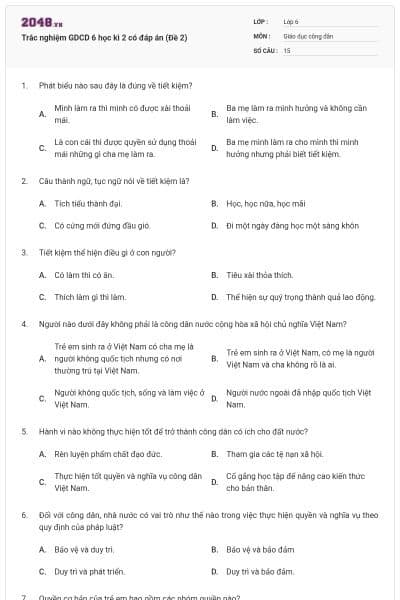 Trắc nghiệm GDCD 6 học kì 2 có đáp án (Đề 2)