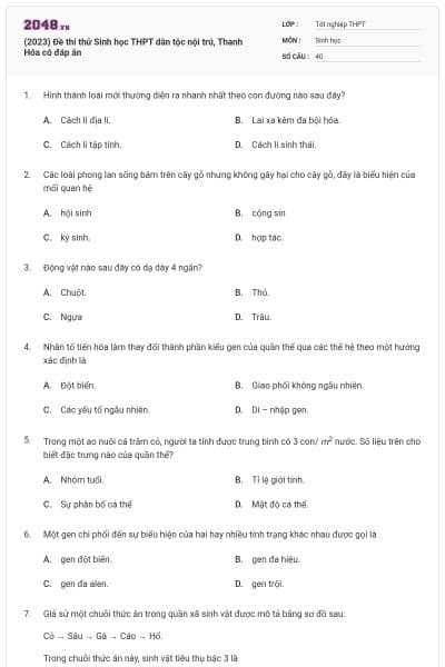 (2023) Đề thi thử Sinh học THPT dân tộc nội trú, Thanh Hóa có đáp án