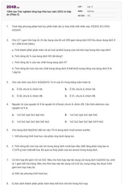 1004 câu  Trắc nghiệm tổng hợp Hóa học năm 2023 có đáp án (Phần 5)