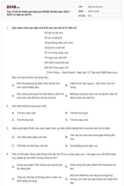 Top 10 đề thi Đánh giá năng lực ĐHQG Hà Nội năm 2023 - 2024 có đáp án (Đề 9)