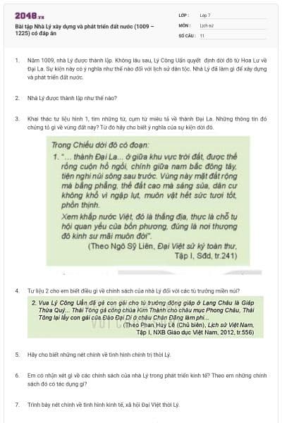 Bài tập Nhà Lý xây dựng và phát triển đất nước (1009 – 1225) có đáp án