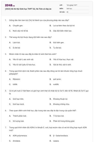 (2023) Đề thi thử Sinh học THPT Sở, Hà Tĩnh có đáp án