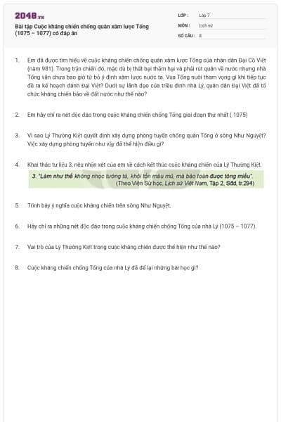 Bài tập Cuộc kháng chiến chống quân xâm lược Tống (1075 – 1077) có đáp án