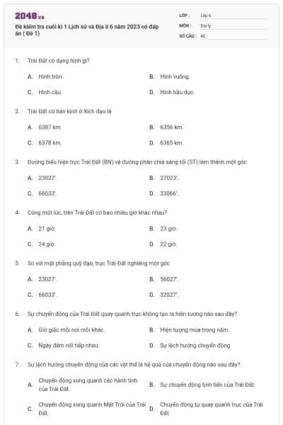 Đề kiểm tra cuối kì 1 Lịch sử và Địa lí 6 năm 2023 có đáp án ( Đề 1)