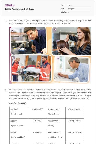 Bài tập Vocabulary. Job có đáp án
