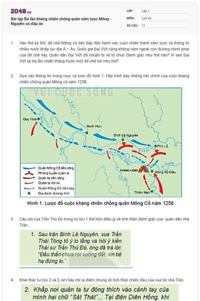 Bài tập Ba lần kháng chiến chống quân xâm lược Mông - Nguyên có đáp án