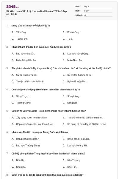 Đề kiểm tra cuối kì 1 Lịch sử và Địa lí 6 năm 2023 có đáp án ( Đề 4)