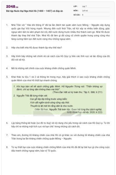 Bài tập Nước Đại Ngu thời Hồ (1400 – 1407) có đáp án