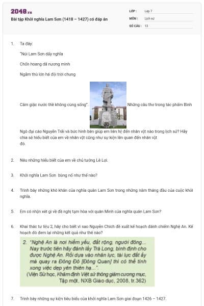 Bài tập Khởi nghĩa Lam Sơn (1418 – 1427) có đáp án