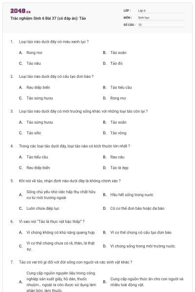 Trắc nghiệm Sinh 6 Bài 37 (có đáp án): Tảo